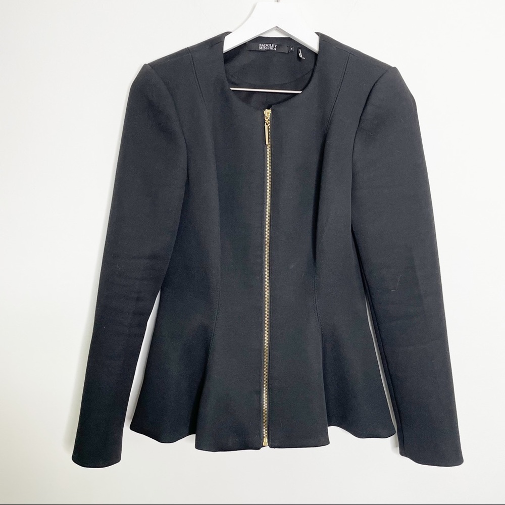 Badgley Mischka Black Peplum Runway Fitted Jacket Exposed Zip 4